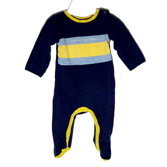 7 For All Mankind Blue Yellow Stripe One Piece Footed Romper PJs Sz 0-3 Months - Picture 1 of 3